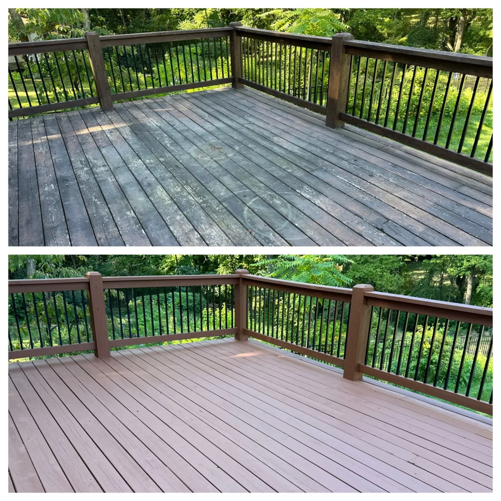Before and after views of a restored and stained Everseal deck
