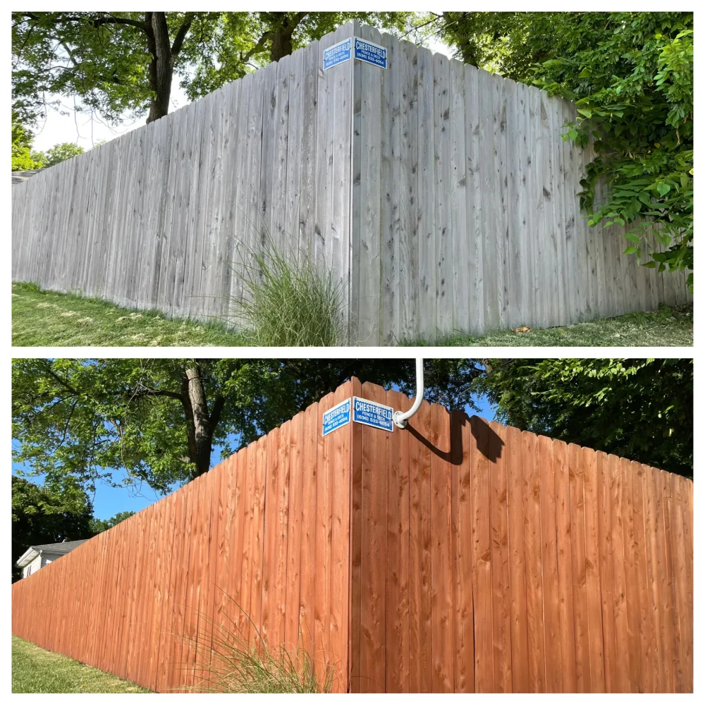 Before and after views of a restored and stained Everseal fence