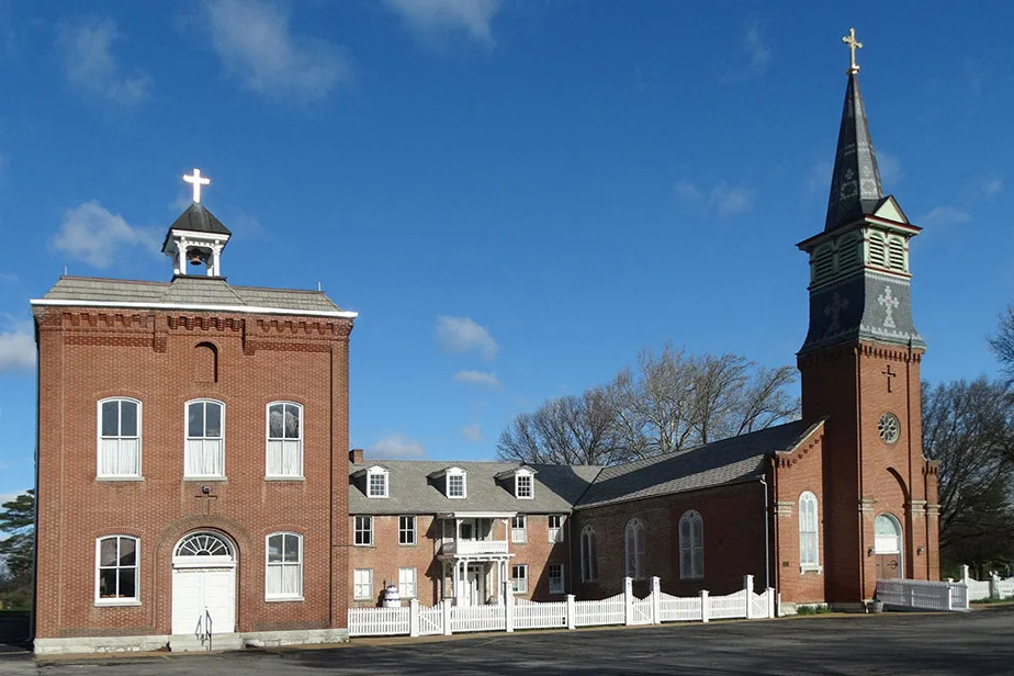 Historic brick church and steeple in Old Town Florissant