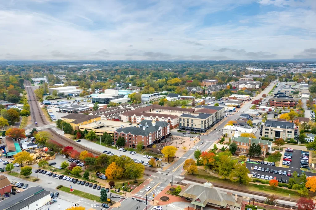 Aerial view of downtown Kirkwood streets and rooftops