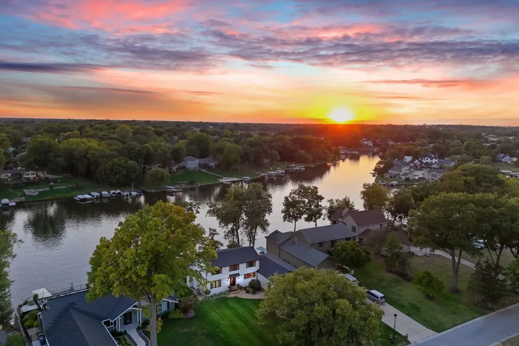 Sunset over Lake St. Louis and lakeside homes