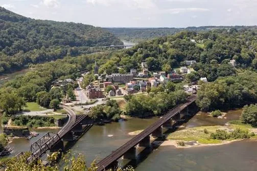 River valley with rail bridges and wooded hills