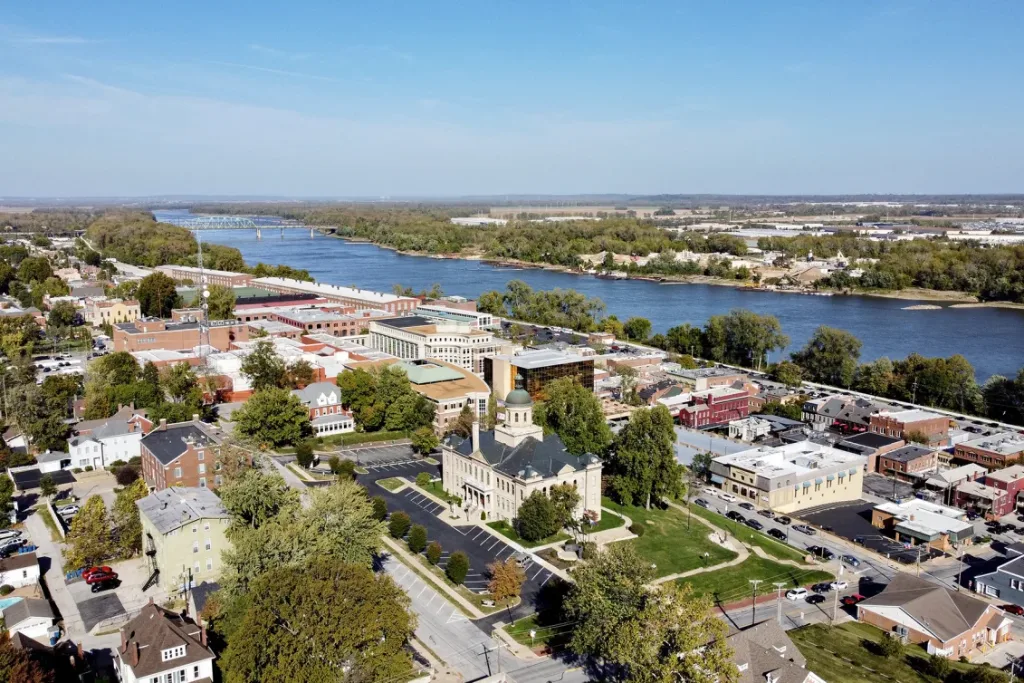 Aerial view of historic St. Charles along the Missouri River