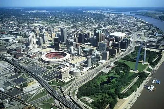 Aerial view of downtown St. Louis with Busch Stadium and the riverfront