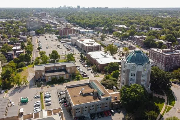 Aerial view of University City Hall and surrounding blocks