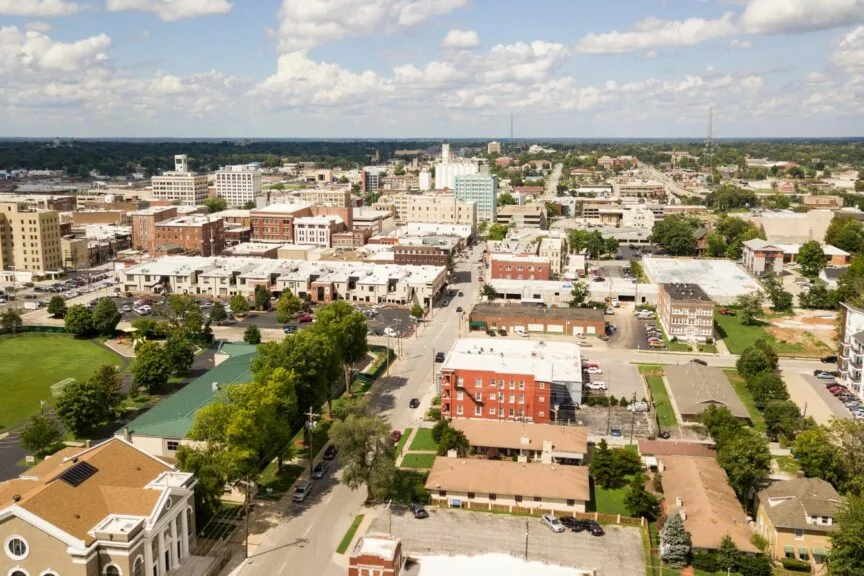 Aerial view of downtown Wentzville rooftops and streets